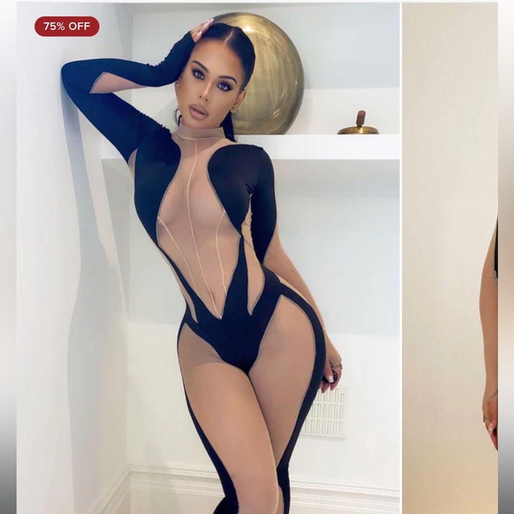 Fashion Nova Black and Cream Long Sleeve Dress